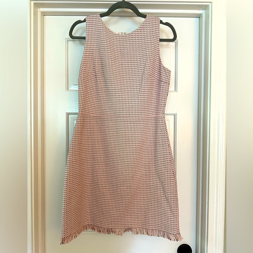 NWT LOFT Tweed Jacquard Fringe Hem Dress Pink White Black